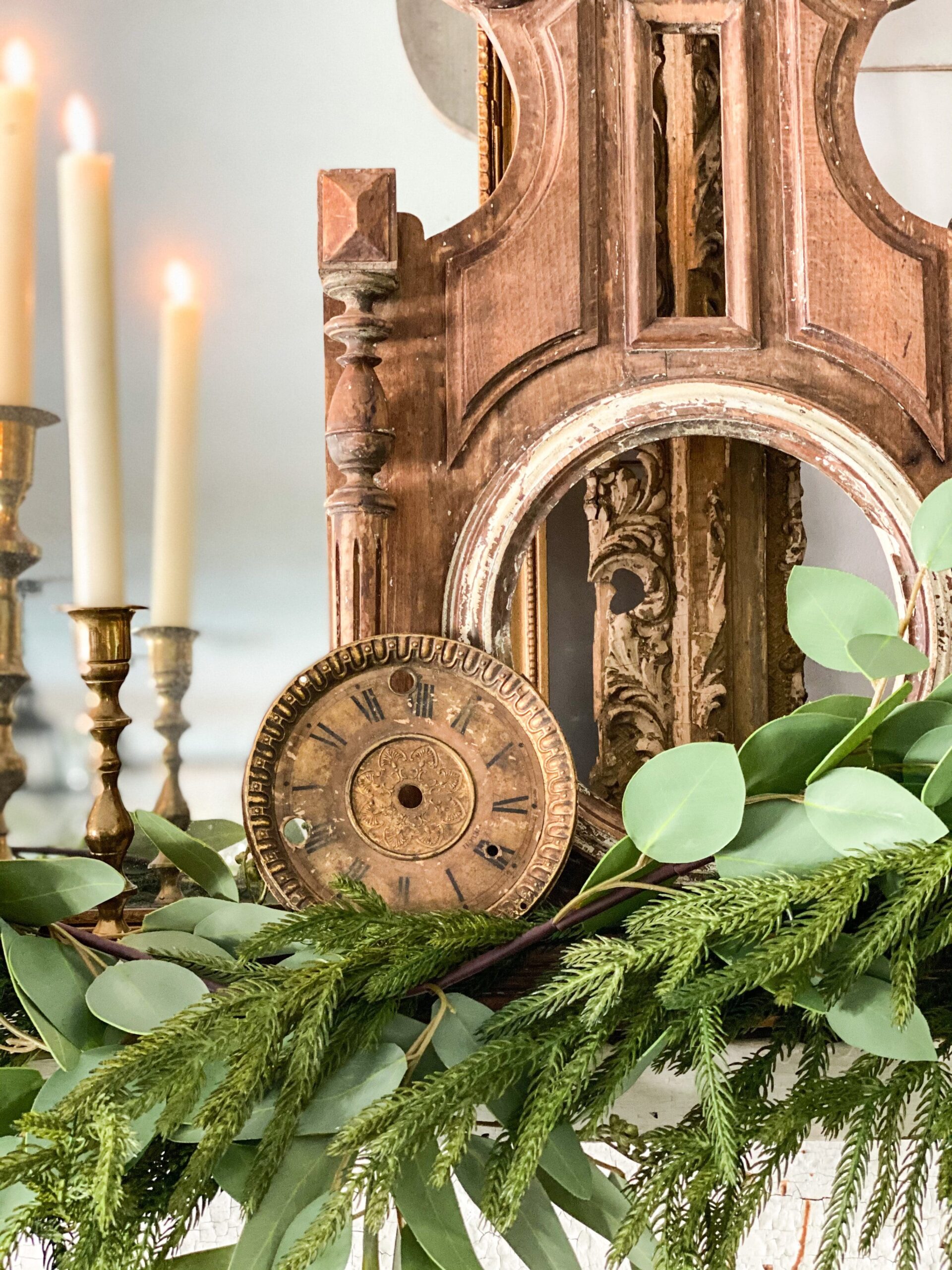 Vintage Mantel with Antique Brass and Greenery Vintage Mantel with Antique Brass and Greenery — Winter Mantel Decor