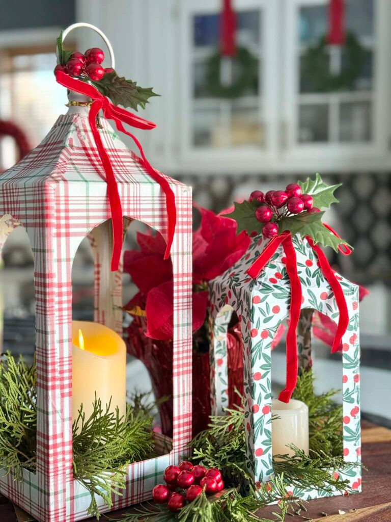 Plaid and Holly Patterned Christmas Lanterns — Christmas Crafts for Adults