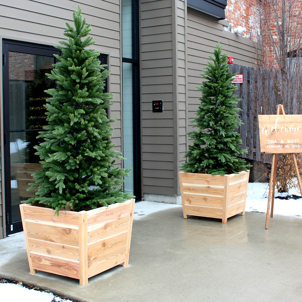 Modern Wooden Planters with Tall Artificial Christmas Trees — Christmas Porch Planters