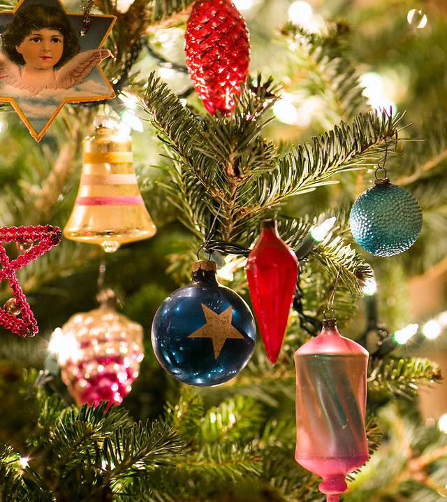 Collection of Vintage Glass Ornaments on a Lighted Tree Collection of Vintage Glass Ornaments on a Lighted Tree — Vintage Christmas Decor