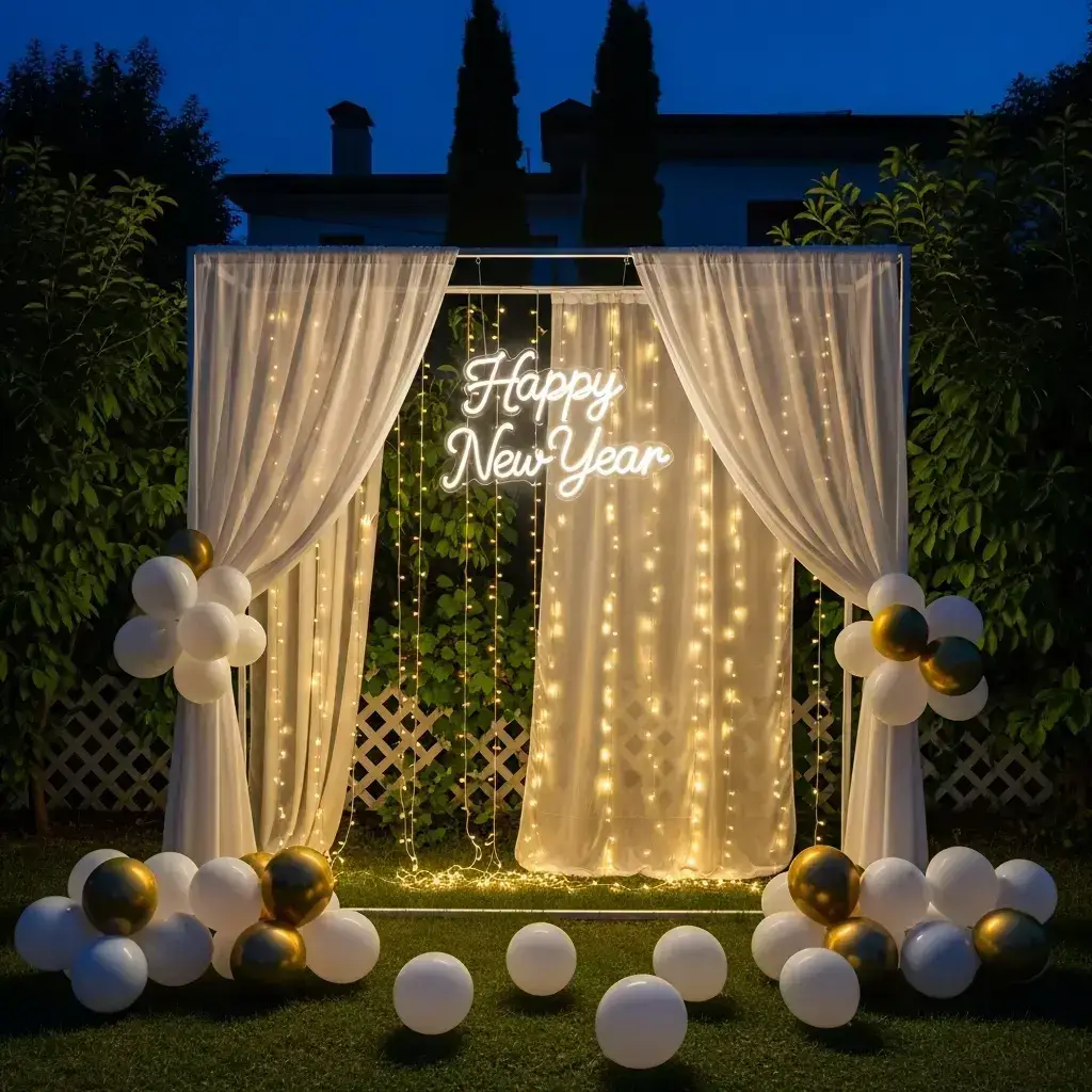 Draped White Drapery with 'Happy New Year' Neon Sign — New Years Eve Backdrop
