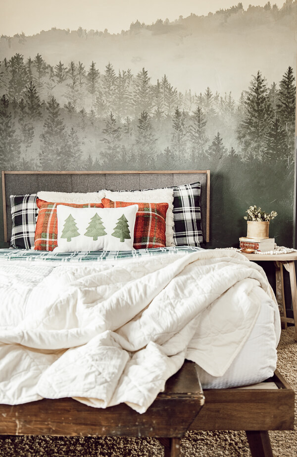 Dramatic Bedroom with Deep Green Walls and Plaid Bedding — Christmas Bedroom Decor