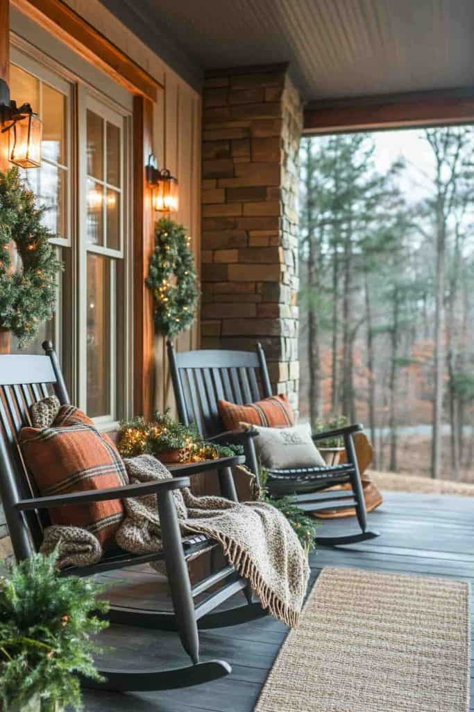 Rustic Cabin Porch with Plaid Pillows and Knit Blankets Rustic Cabin Porch with Plaid Pillows and Knit Blankets — Winter Porch Decor