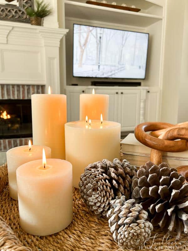 Cozy Living Room Vignette with Pillar Candles — Winter Home Decor