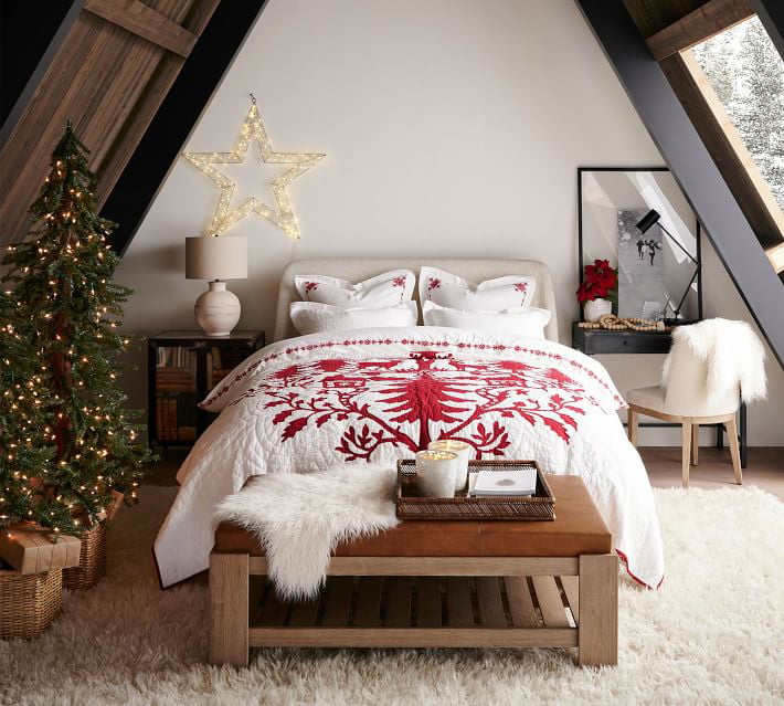 Modern Rustic Bedroom with Illuminated Star Light and Quilt — Christmas Bedroom Decor