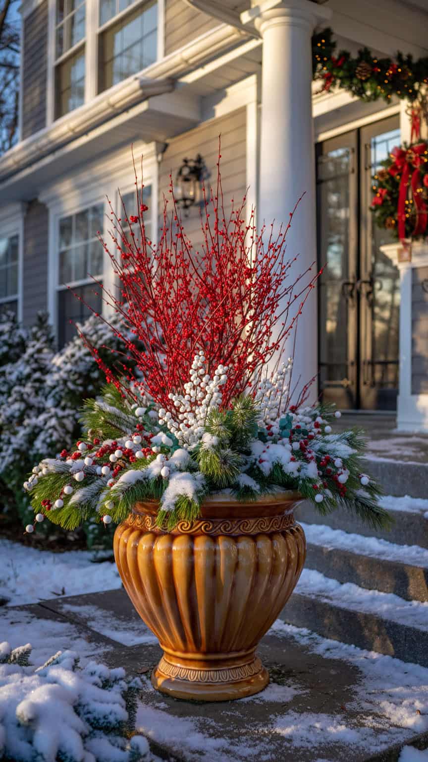 Gold Urn Planter with Red Branches and White Berries — Christmas Porch Planters