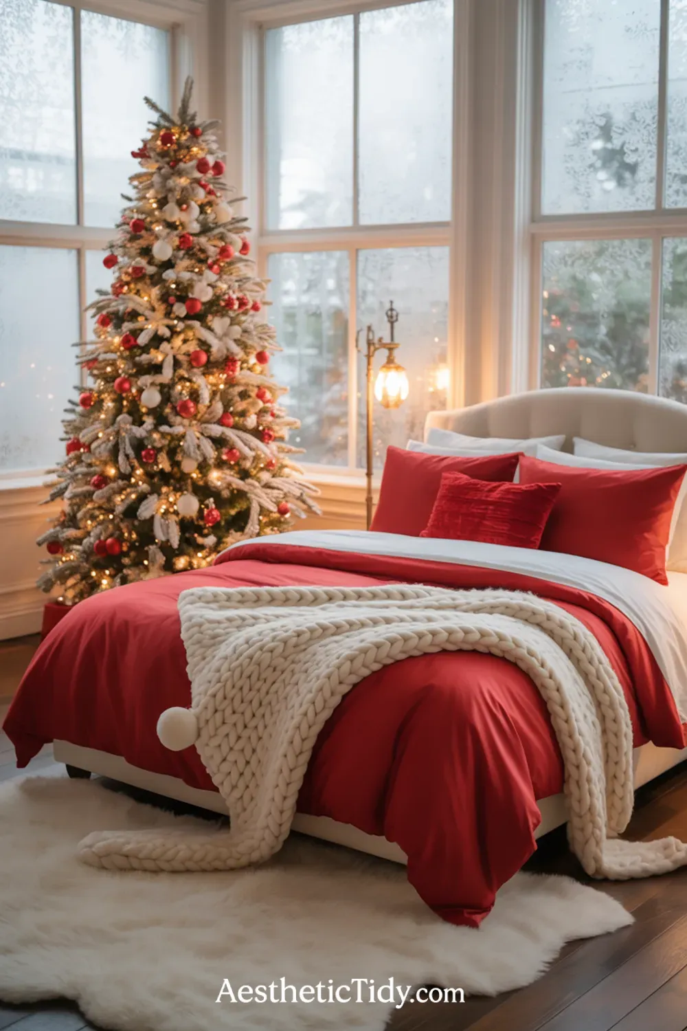 Traditional Christmas Bedroom with Large Tree and Red Bedding — Christmas Bedroom Decor
