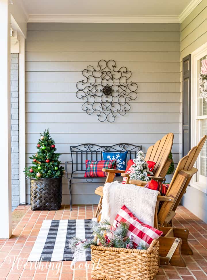 Cozy Porch with Christmas Tree in a Dark Planter — Christmas Porch Planters