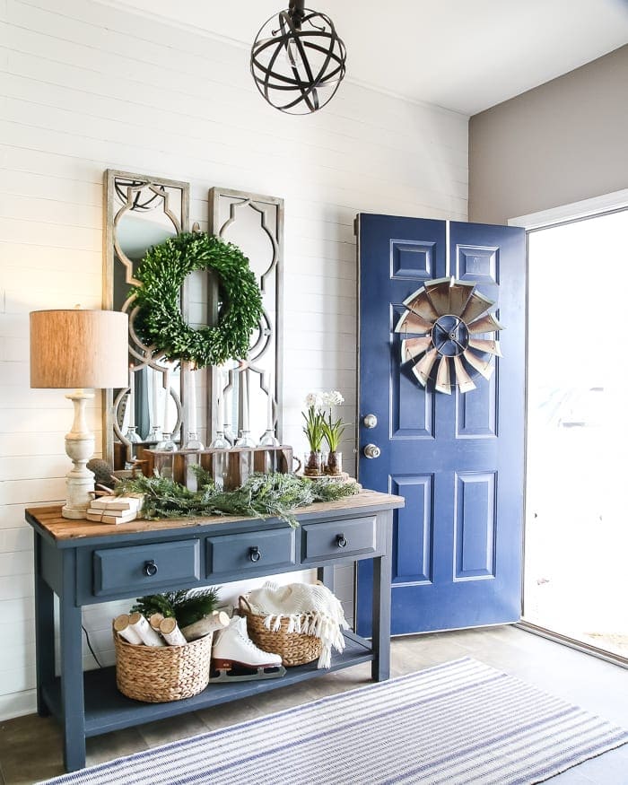 Farmhouse Foyer Console Table with Winter Accessories — Winter Home Decor
