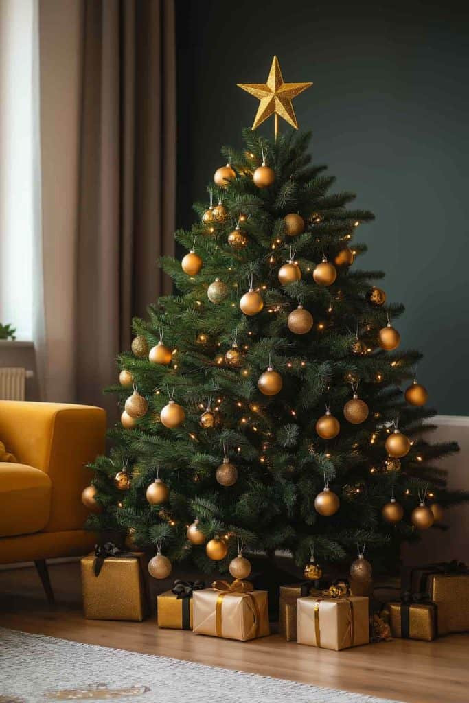 Tree As Focal Point Gifts At Base Visual Idea — Gold Christmas Decor