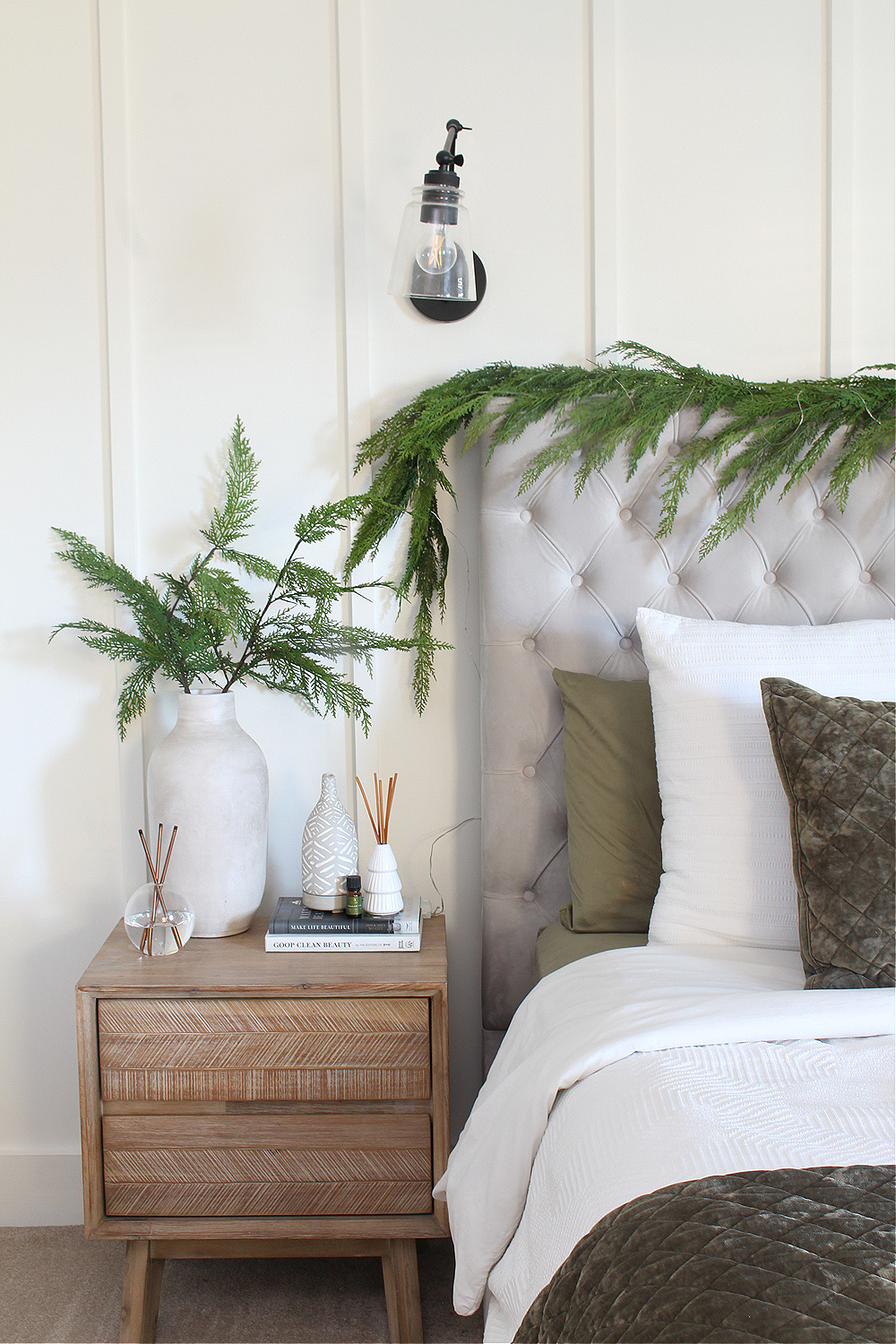 Serene Nightstand Vignette with Winter Greenery — Christmas Bedroom Decor