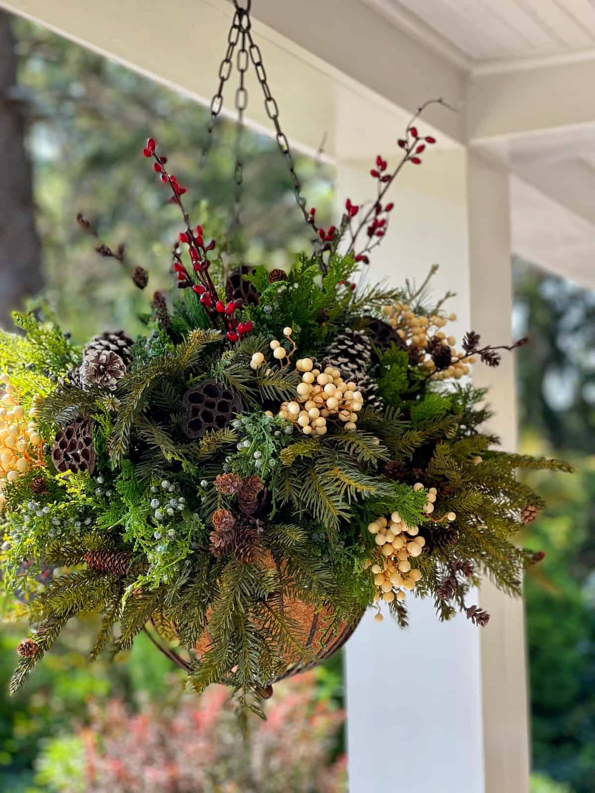 Overflowing Hanging Basket with Mixed Greenery and Berries — Christmas Porch Planters