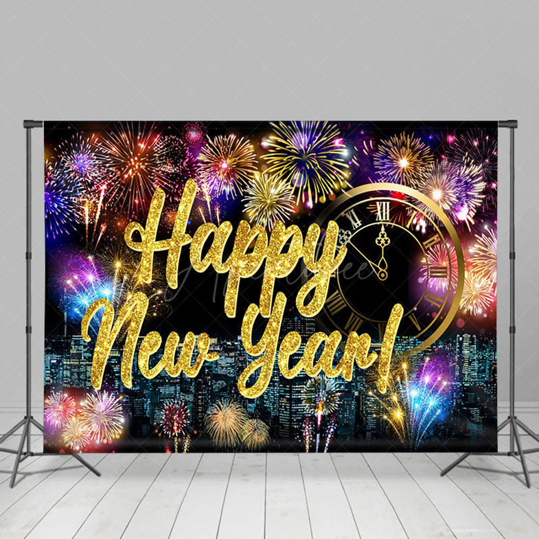 Fireworks and City Skyline 'Happy New Year' Banner — New Years Eve Backdrop