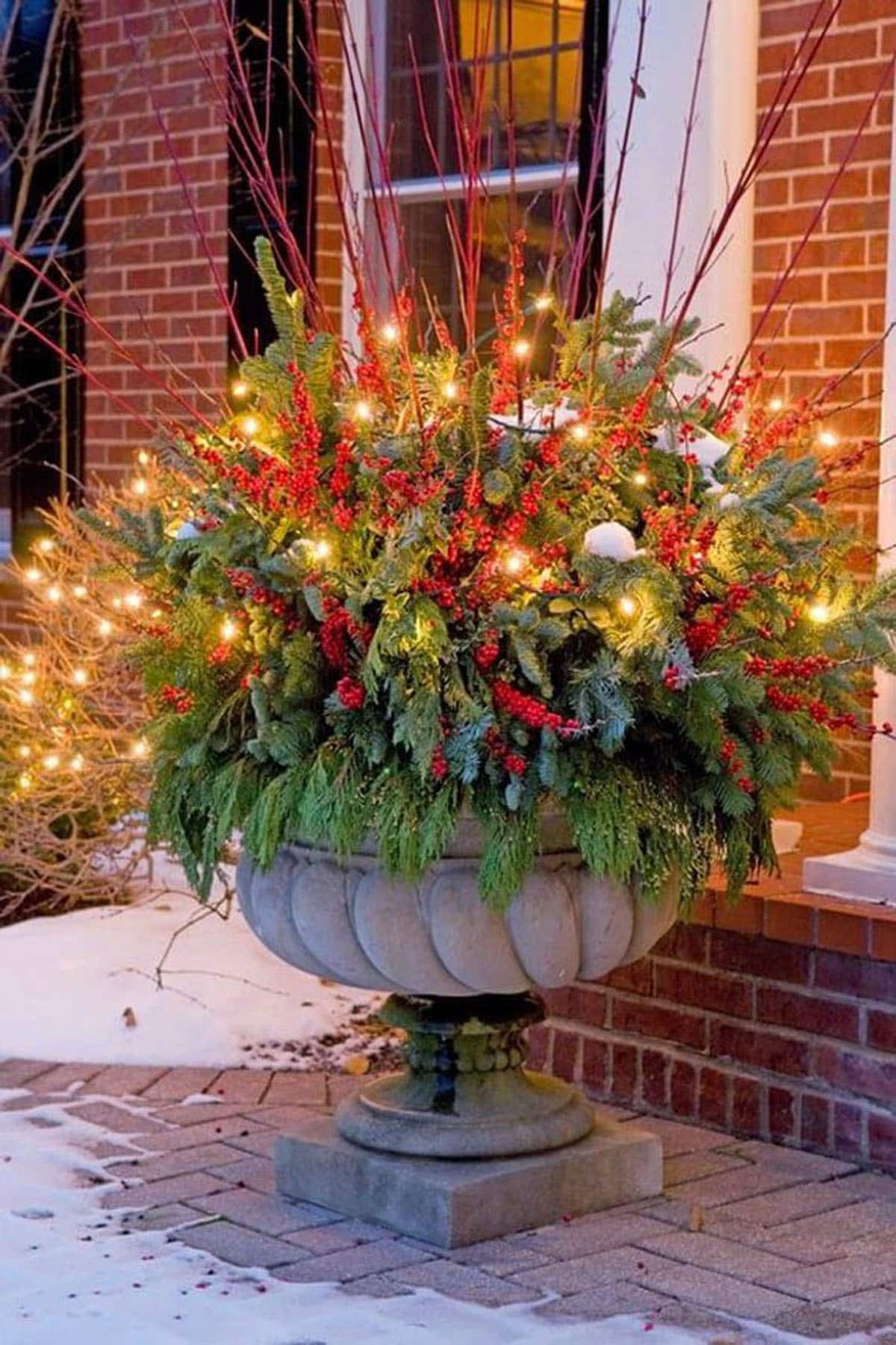Ornate Stone Urn with Fairy Lights and Red Berries — Christmas Porch Planters