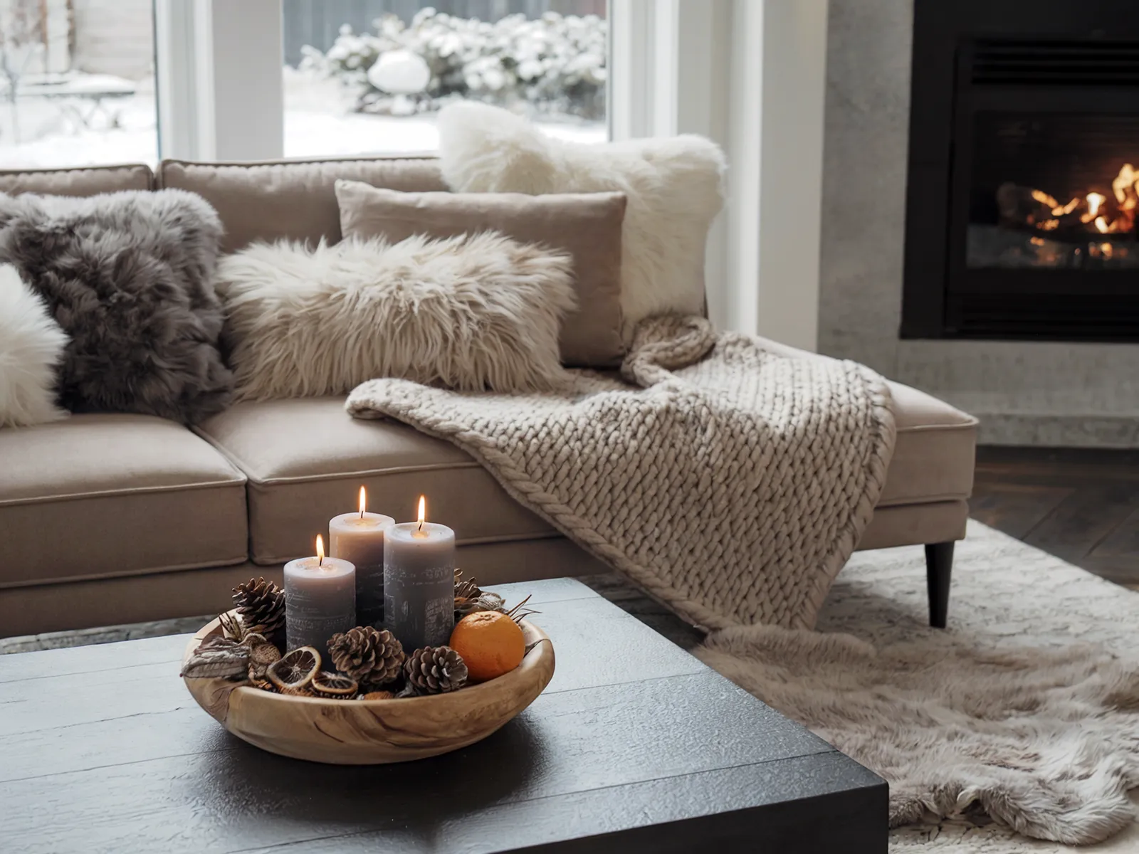 Modern Cozy Sofa with Plush Winter Textiles — Winter Home Decor
