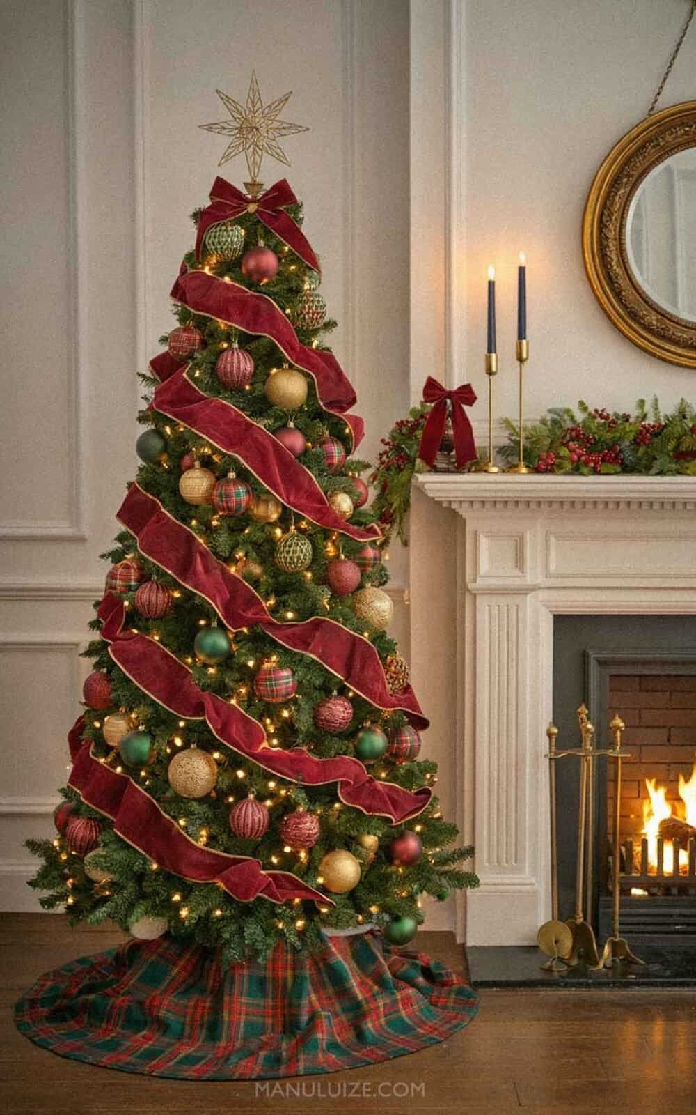 Traditional Christmas Tree with Red Velvet Ribbons and Plaid Accents Traditional Christmas Tree with Red Velvet Ribbons and Plaid Accents — Red and Gold Christmas Decor