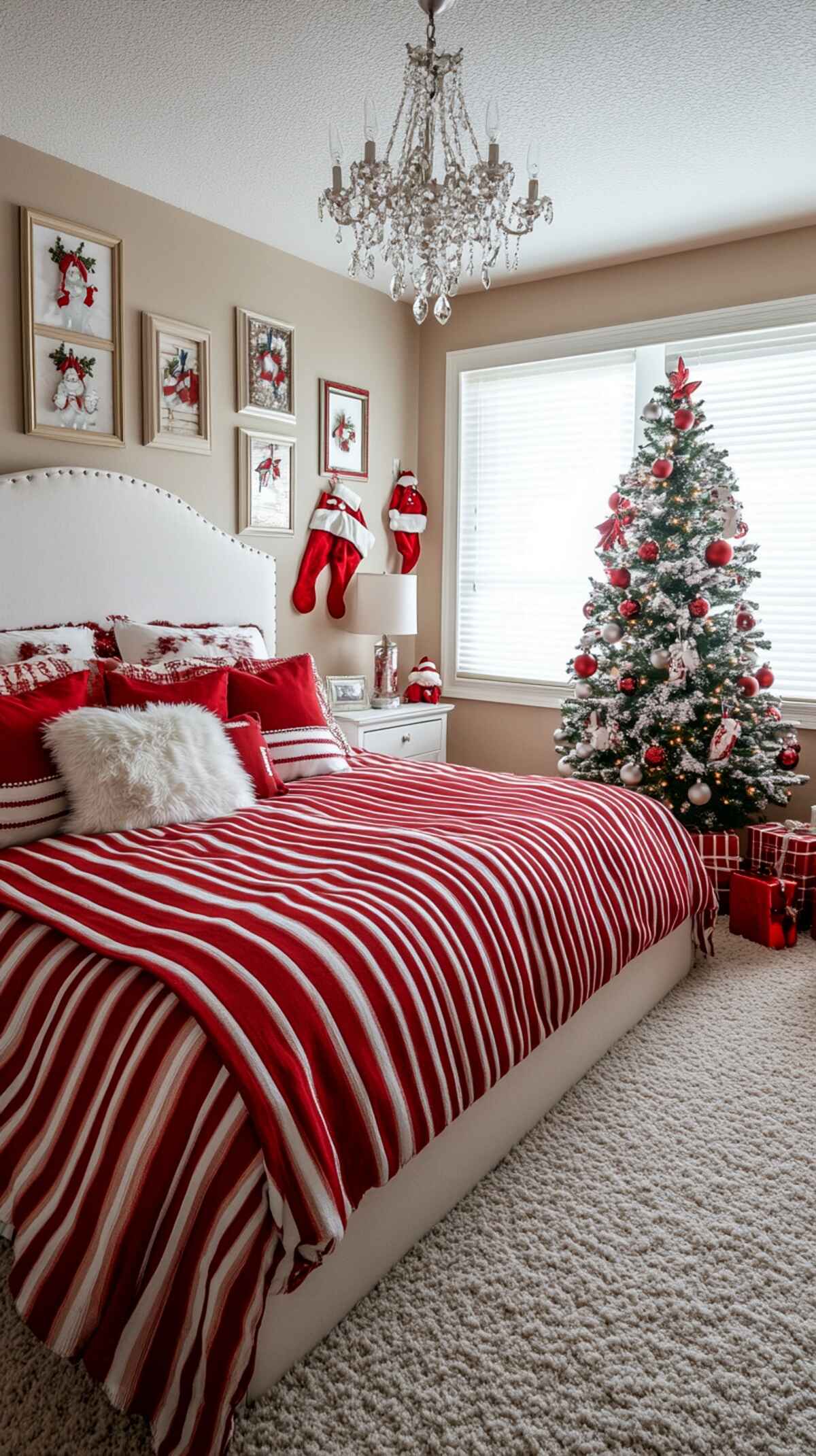 Traditional Bedroom with Red and White Striped Bedding — Christmas Bedroom Decor