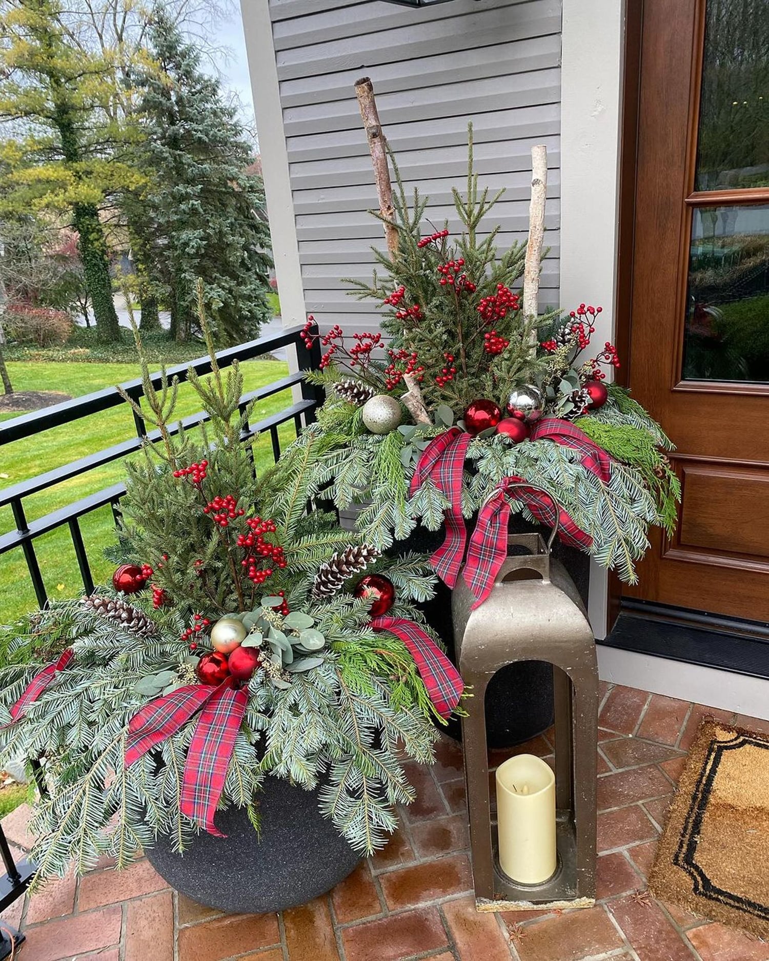 Large Planters with Mini Christmas Trees and Plaid Bows — Christmas Porch Planters