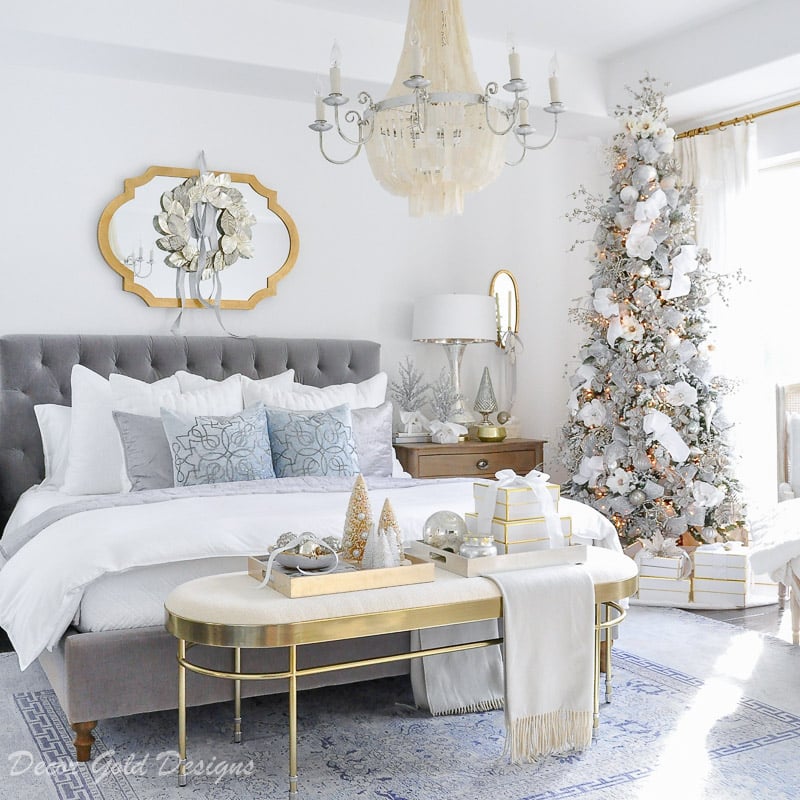 Glam Bedroom with Flocked Tree and Tufted Bed — Christmas Bedroom Decor