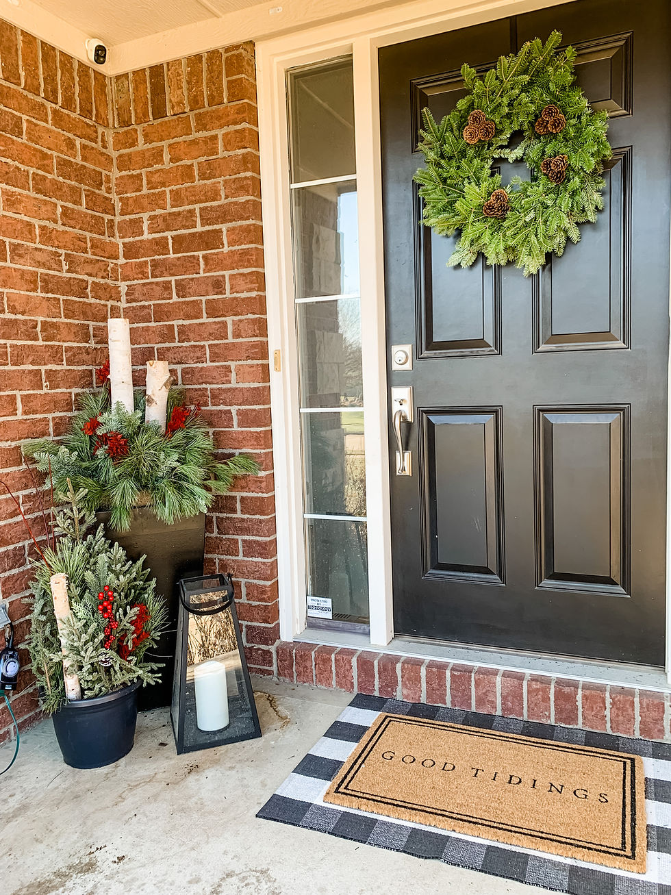 Traditional Porch with Pinecone Wreath and Birch Log Planter Traditional Porch with Pinecone Wreath and Birch Log Planter — Winter Porch Decor