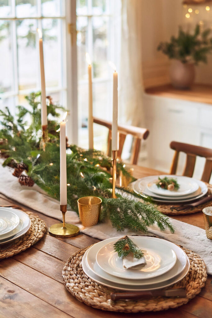Rustic Dining Table Setting with Pine Garland — Winter Home Decor