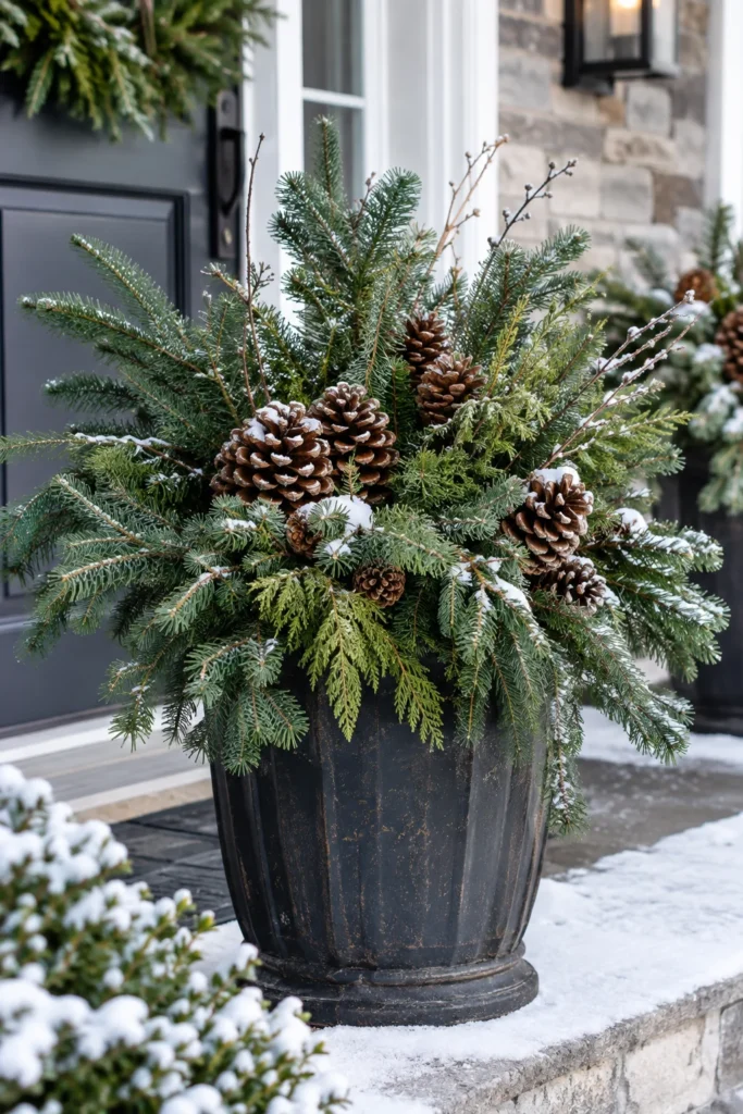 Dark Fluted Planter with Pine Branches and Large Pinecones — Christmas Porch Planters