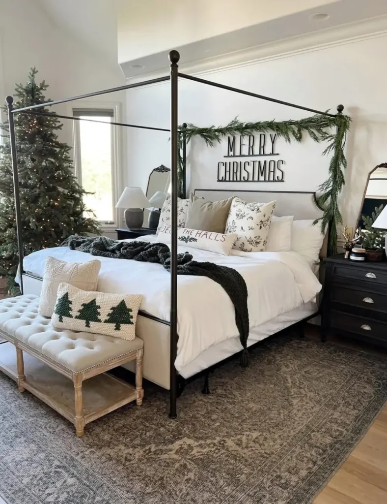 Farmhouse Bedroom with Four-Poster Bed and Garland — Christmas Bedroom Decor