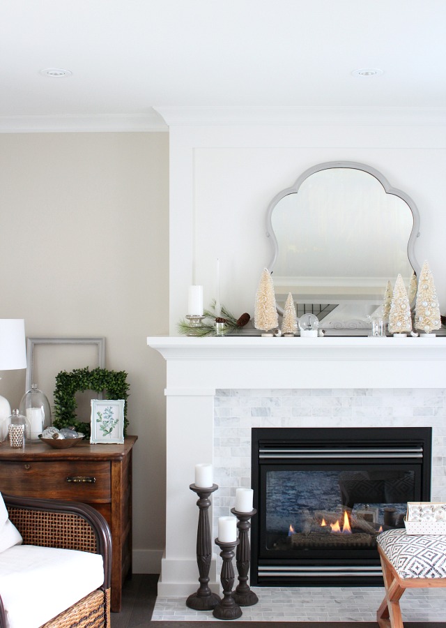 Elegant White Mantel with Bottle Brush Trees Elegant White Mantel with Bottle Brush Trees — Winter Mantel Decor