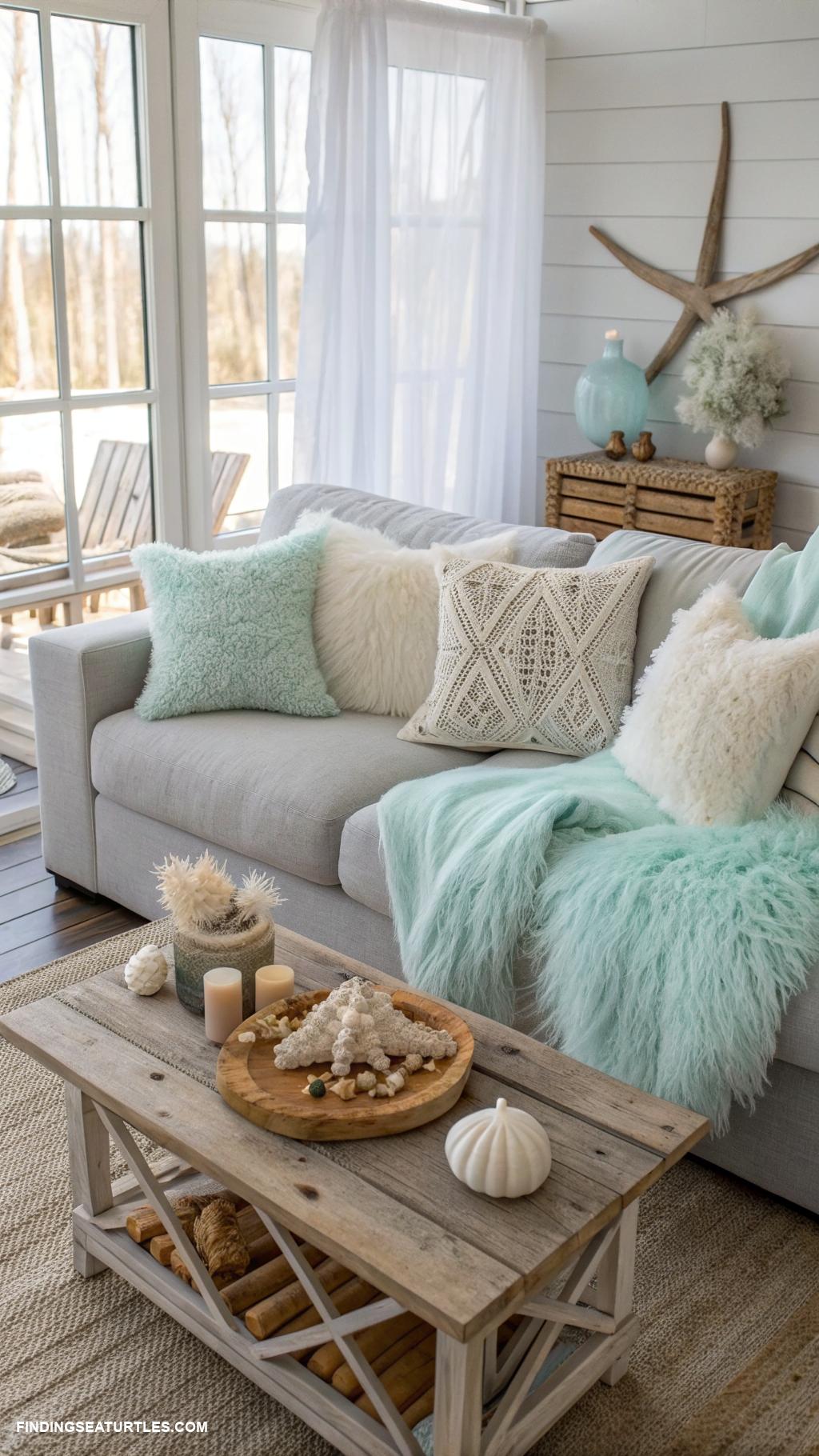 Coastal Living Room with Fluffy Winter Throws — Winter Home Decor
