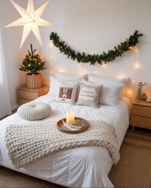 Minimalist Bedroom with Paper Star Lantern and Greenery — Christmas Bedroom Decor