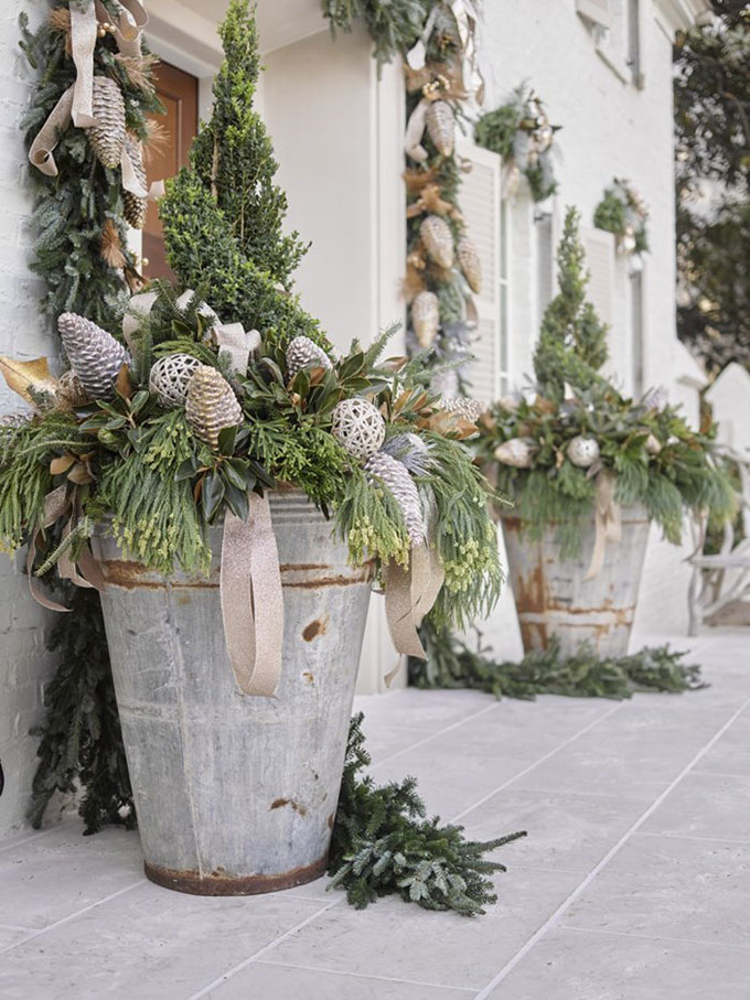 Galvanized Metal Planters with Natural Ornaments and Gold Ribbon — Christmas Porch Planters