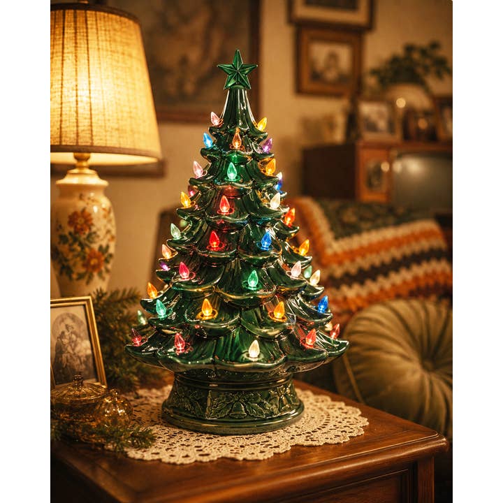 Lit Ceramic Christmas Tree on a Wooden Side Table Lit Ceramic Christmas Tree on a Wooden Side Table — Vintage Christmas Decor