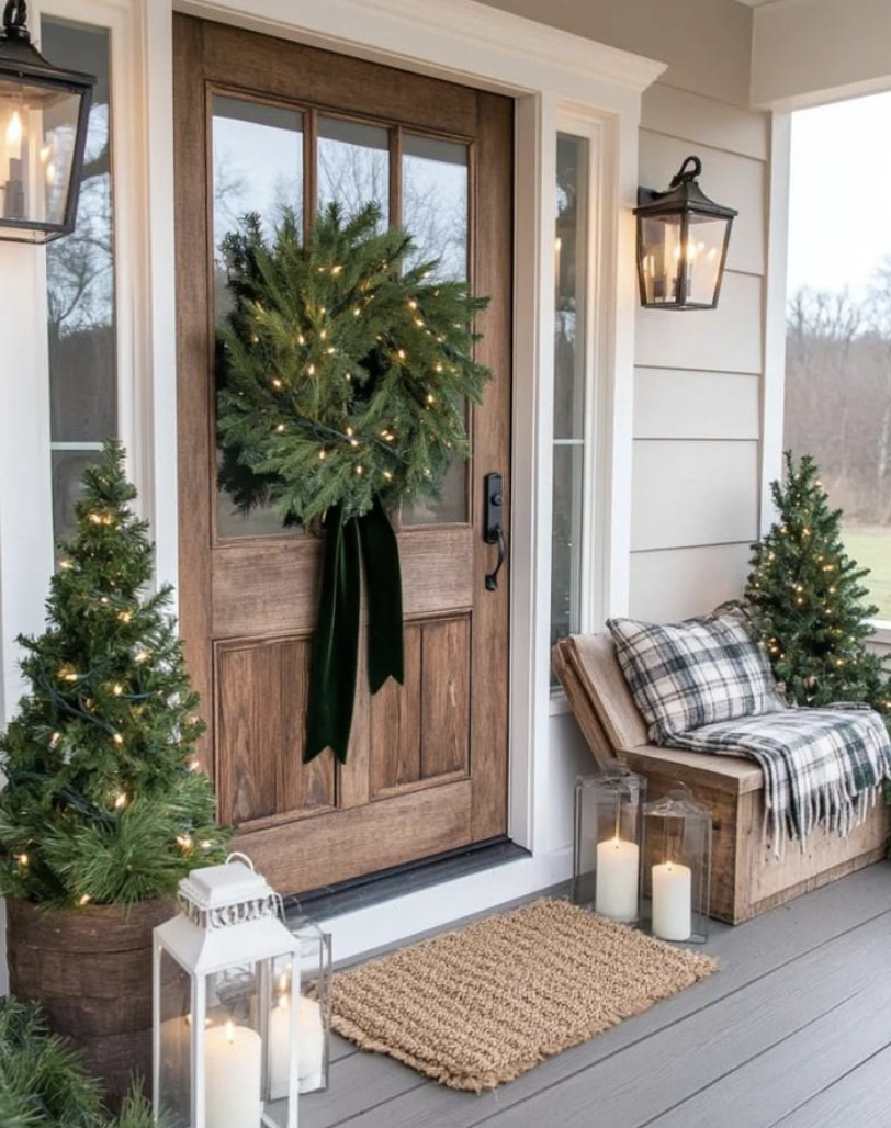 Farmhouse Porch with Lit Lanterns and Mini Christmas Trees Farmhouse Porch with Lit Lanterns and Mini Christmas Trees — Winter Porch Decor