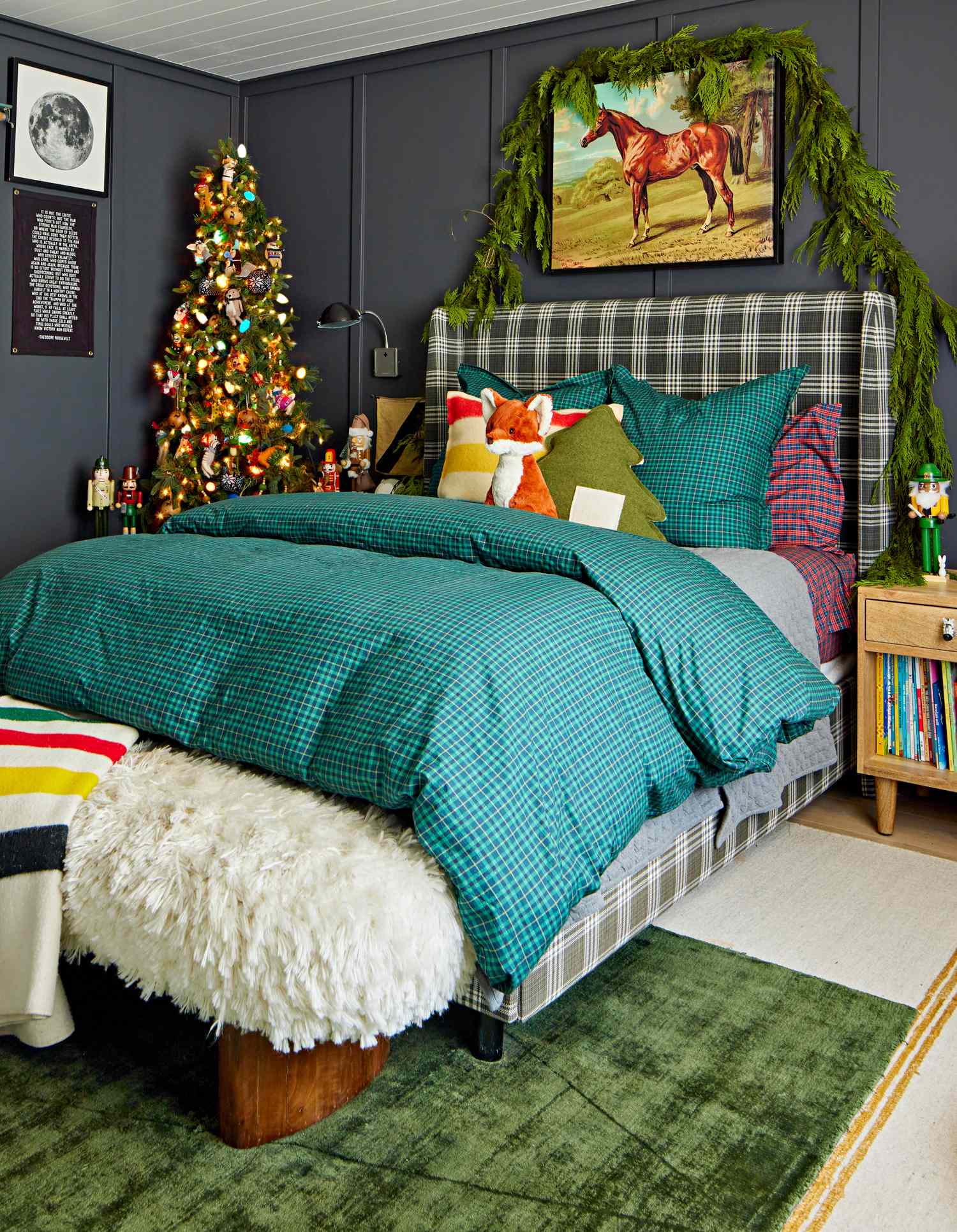 Eclectic Bedroom with Teal Plaid Bedding and Nutcrackers — Christmas Bedroom Decor