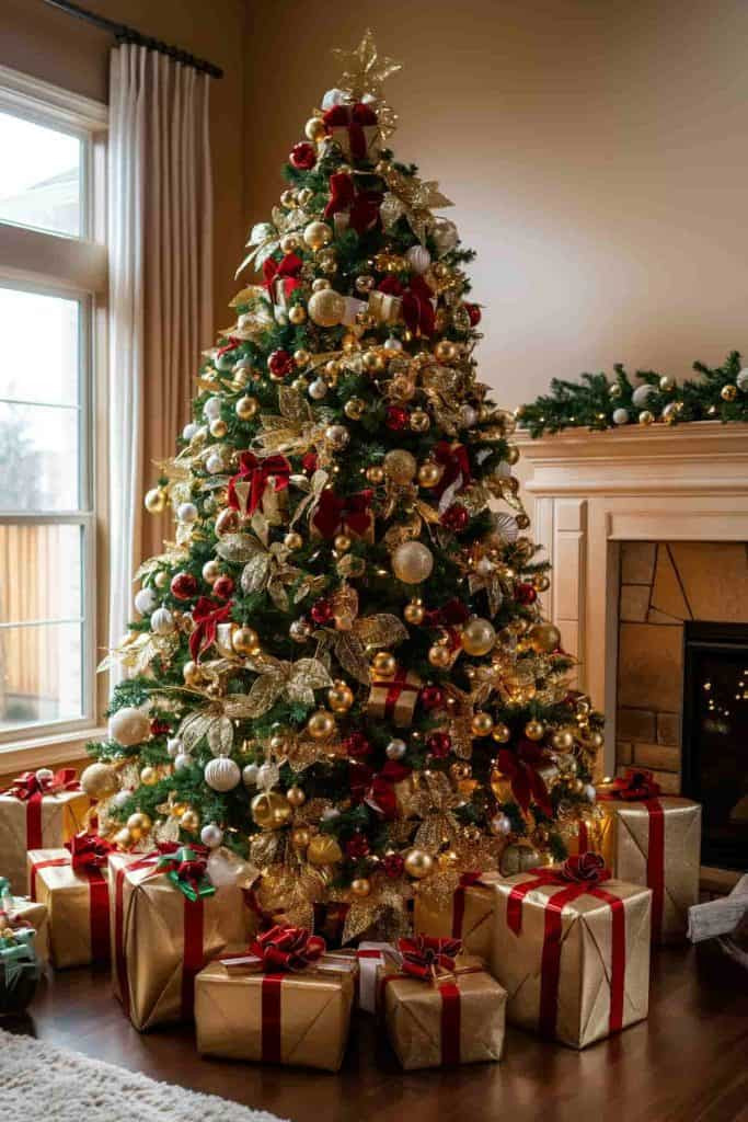 Christmas Tree with Abundant Red Bows and Gold Ribbons Christmas Tree with Abundant Red Bows and Gold Ribbons — Red and Gold Christmas Decor