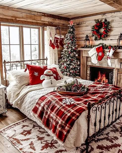 Log Cabin Bedroom with Fireplace and Stockings — Christmas Bedroom Decor