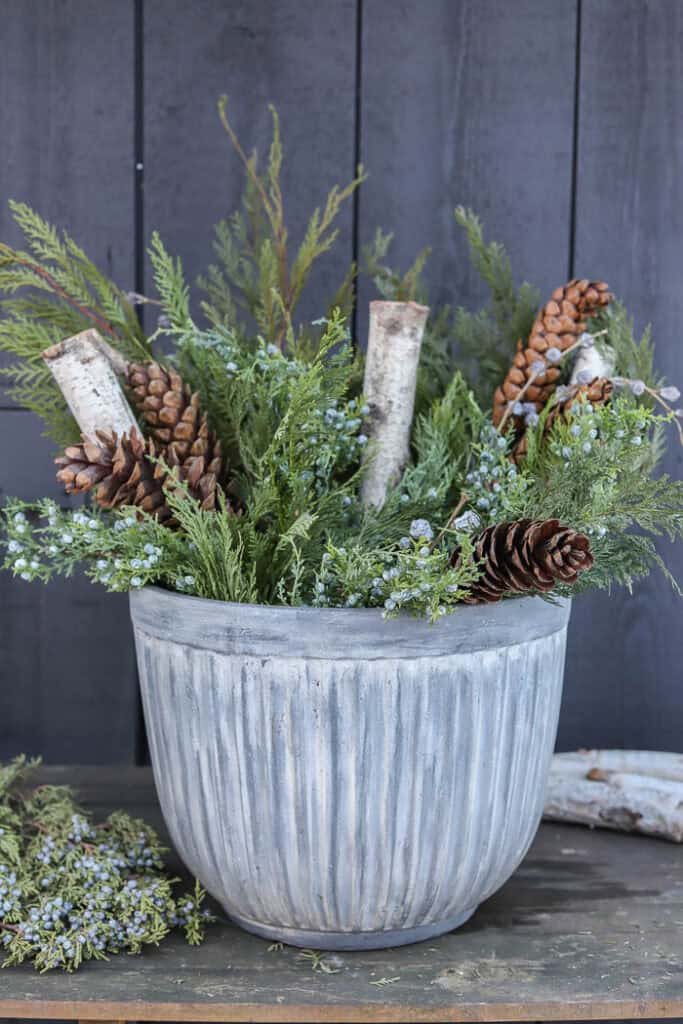 Concrete Planter with Birch Logs and Winter Greenery — Christmas Porch Planters