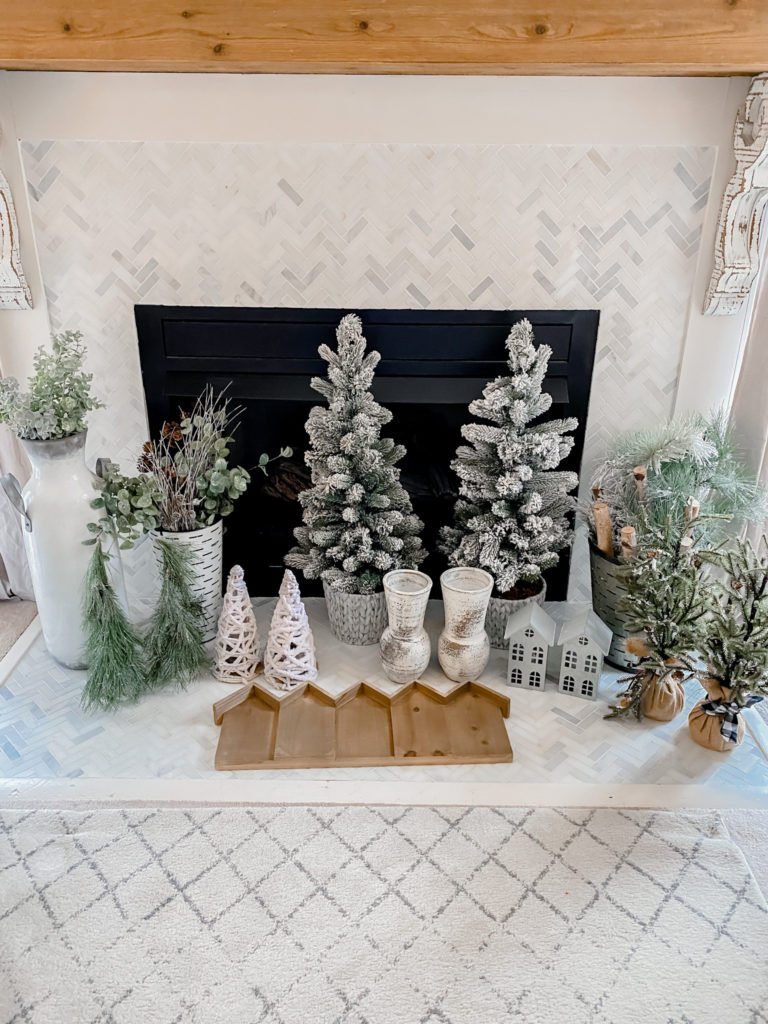 Neutral Modern Farmhouse Mantel with Frosted Trees Neutral Modern Farmhouse Mantel with Frosted Trees — Winter Mantel Decor