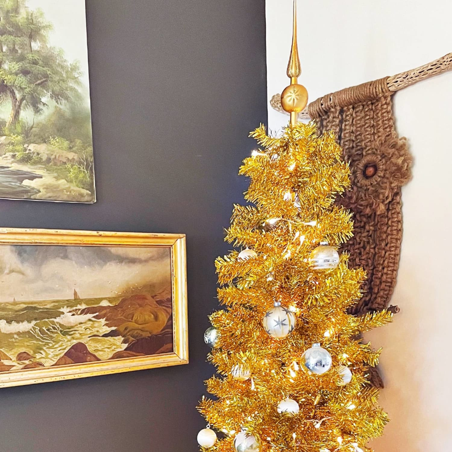 Cozy Corner with a Shimmering Gold Tinsel Christmas Tree — Gold Christmas Decor