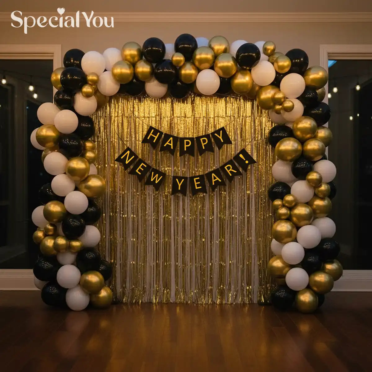 Gold Fringe Curtain Arch with Balloon Garland — New Years Eve Backdrop