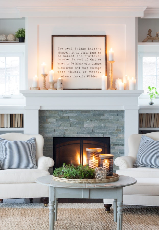 Farmhouse Mantel with Framed Quote and Abundant Candles Farmhouse Mantel with Framed Quote and Abundant Candles — Winter Mantel Decor