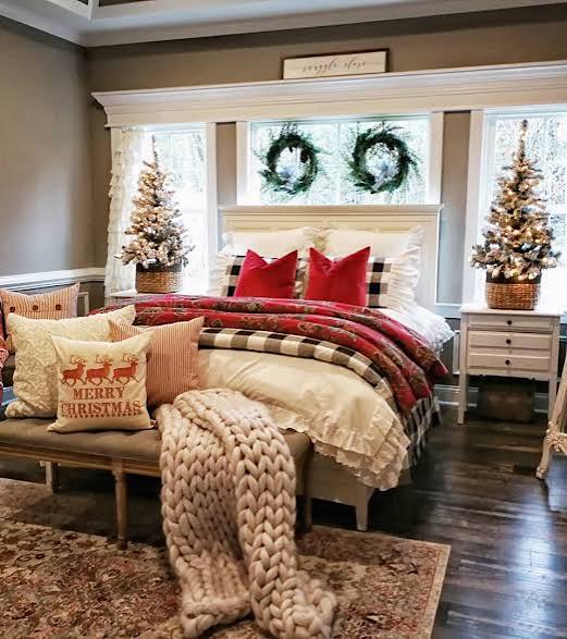 Farmhouse Christmas Bedroom with Festive Pillow Mix — Christmas Bedroom Decor
