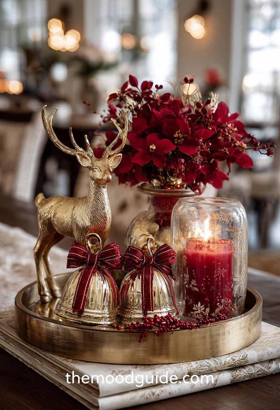 Elegant Centerpiece with Gold Reindeer and Red Florals Elegant Centerpiece with Gold Reindeer and Red Florals — Red and Gold Christmas Decor