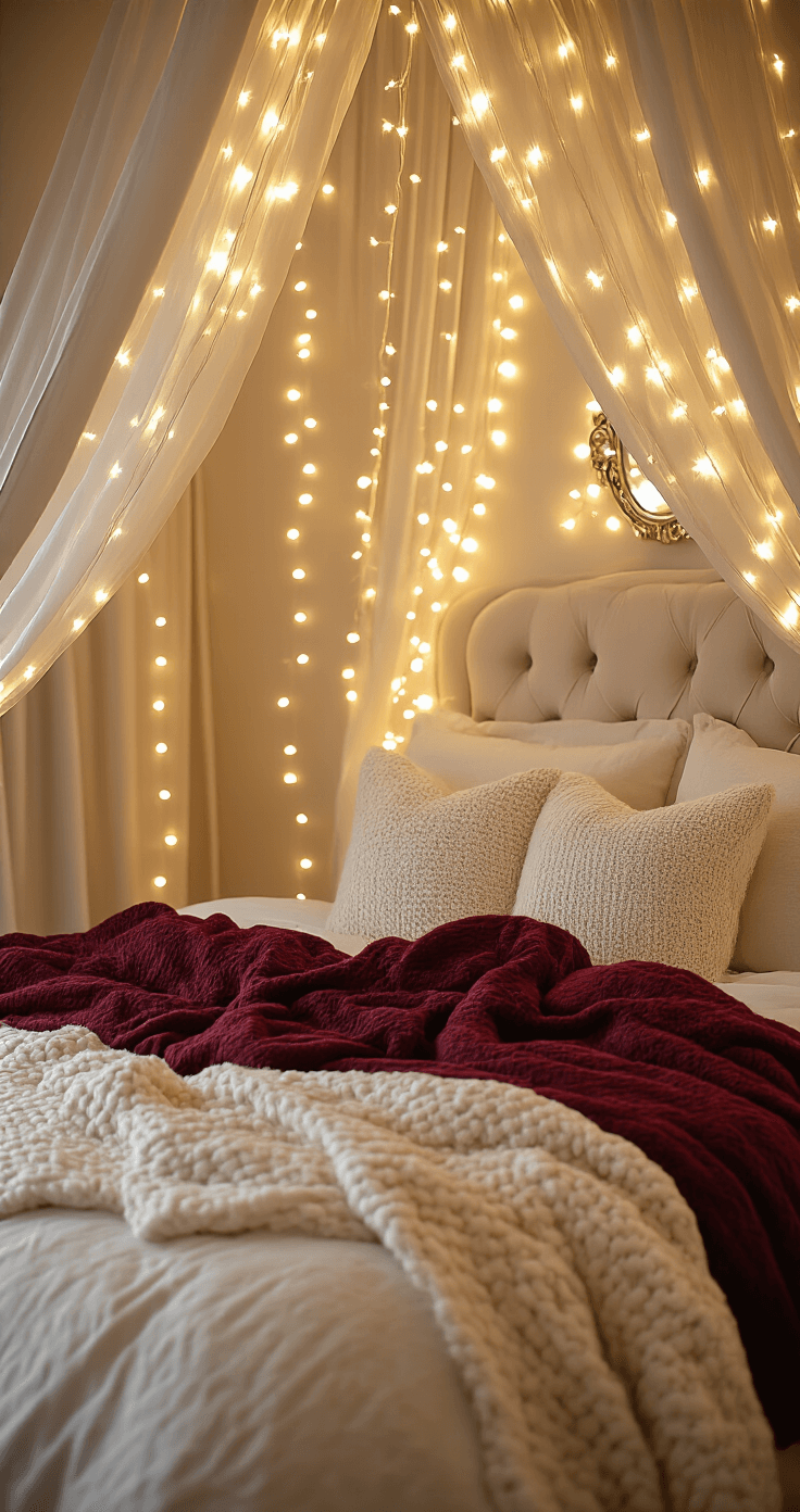 Romantic Canopy Bed Draped in Fairy Lights — Christmas Bedroom Decor