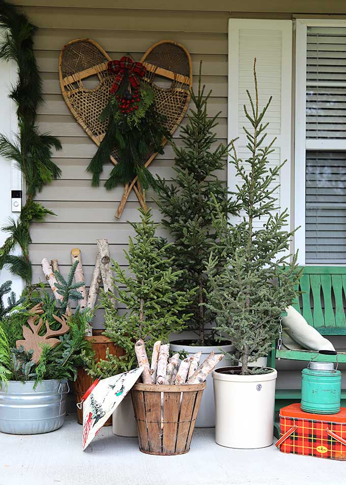 Vintage Winter Porch with Snowshoes and Birch Logs Vintage Winter Porch with Snowshoes and Birch Logs — Winter Porch Decor