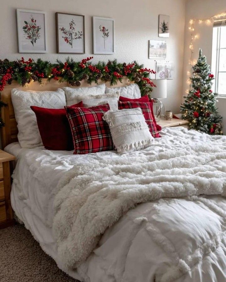 Modern Farmhouse Bedroom with Plush White Bedding and Garland — Christmas Bedroom Decor