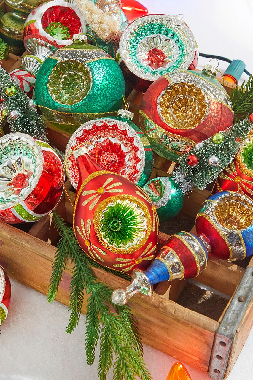 Collection of Ornate Vintage Glass Ornaments in a Wooden Crate Collection of Ornate Vintage Glass Ornaments in a Wooden Crate — Vintage Christmas Decor