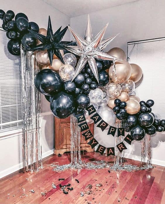 Corner Balloon Garland and Metallic Fringe Curtain Combo — New Years Eve Backdrop