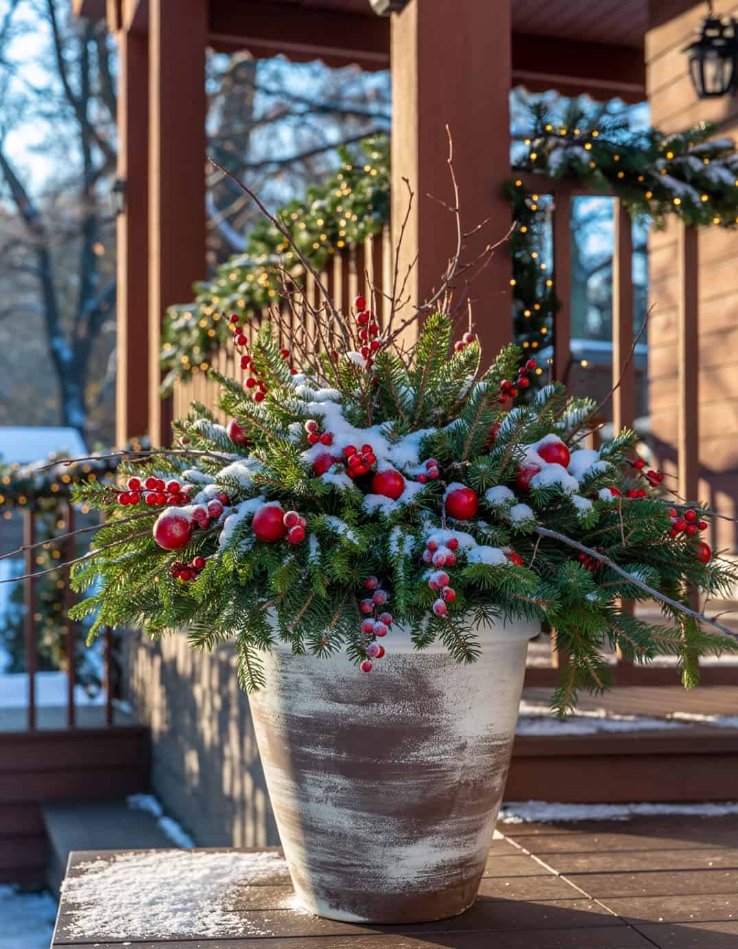 Textured Planter with Snowy Evergreen and Red Apple Arrangement — Christmas Porch Planters