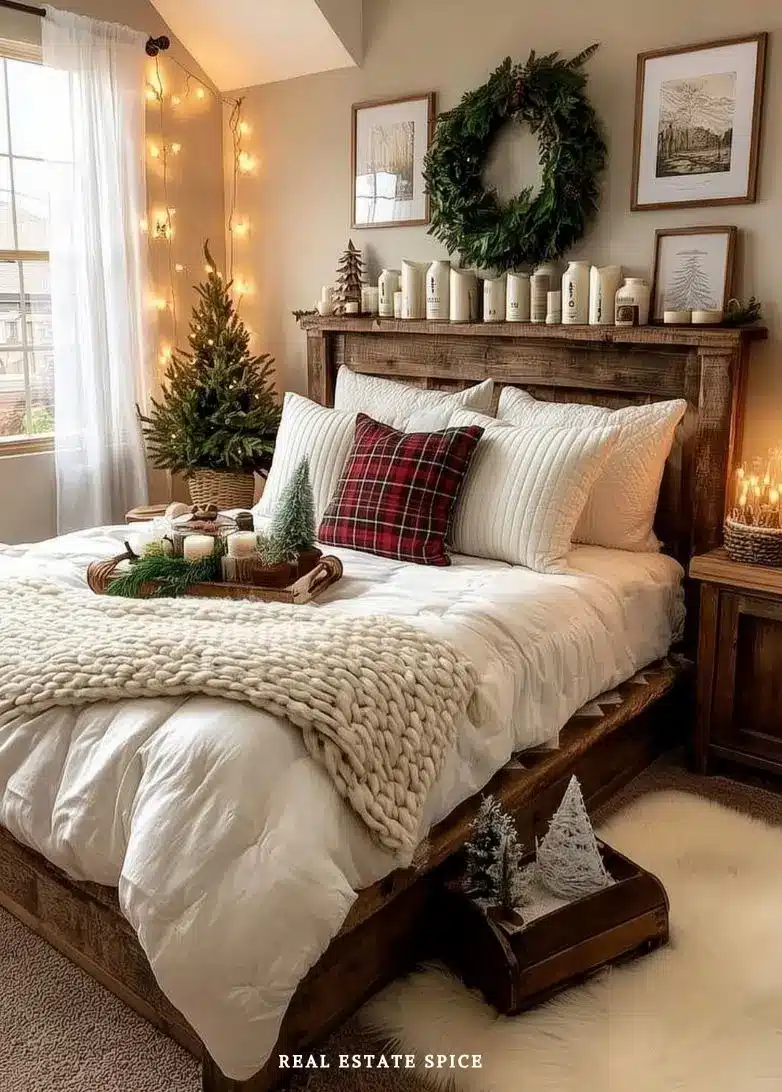 Rustic Bedroom with Large Wreath and Christmas Tree — Christmas Bedroom Decor